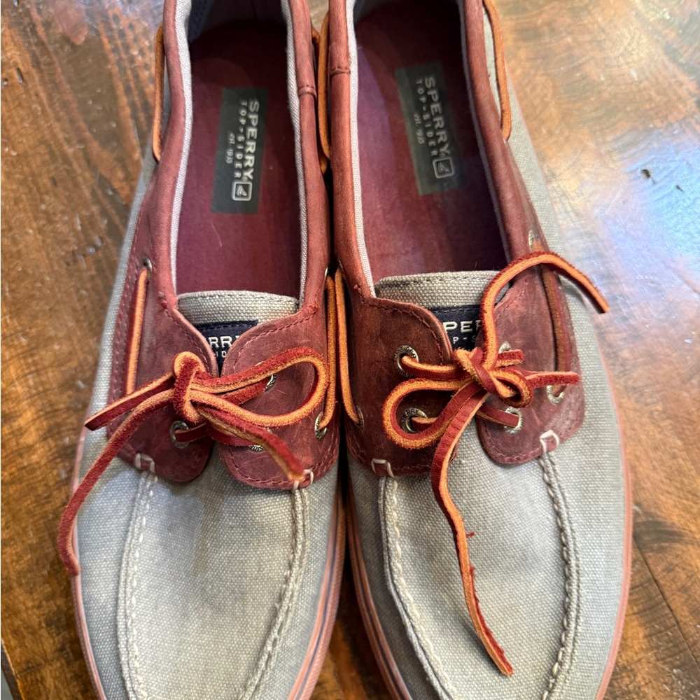 Sperry Two-Tone Canvas & Suede Boat Shoes in Gray and Brown/Red Accents